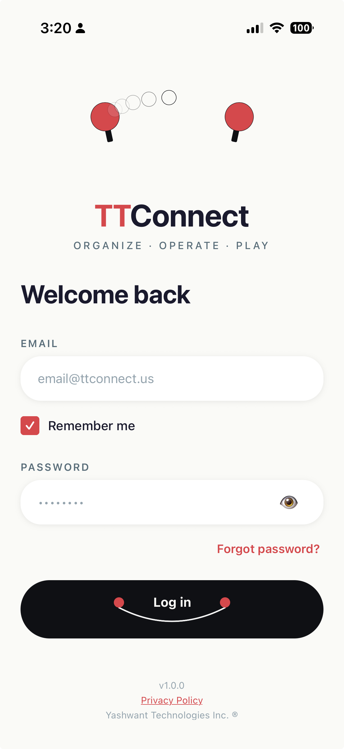 TTConnect sign-in screen with the wordmark and Welcome back heading