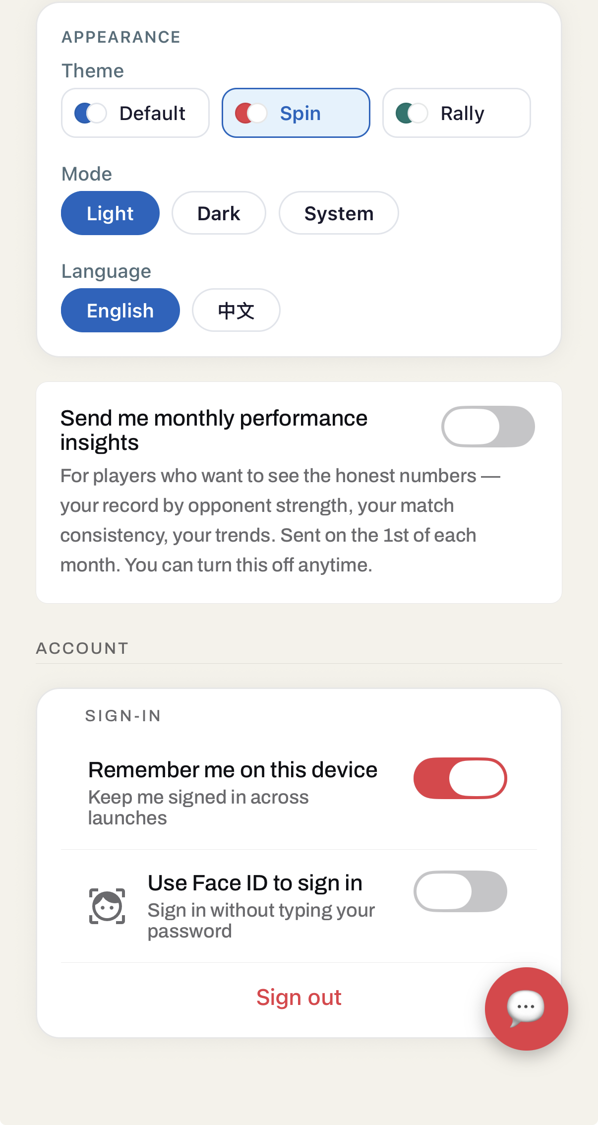 Settings screen showing appearance, theme, mode, language and account options